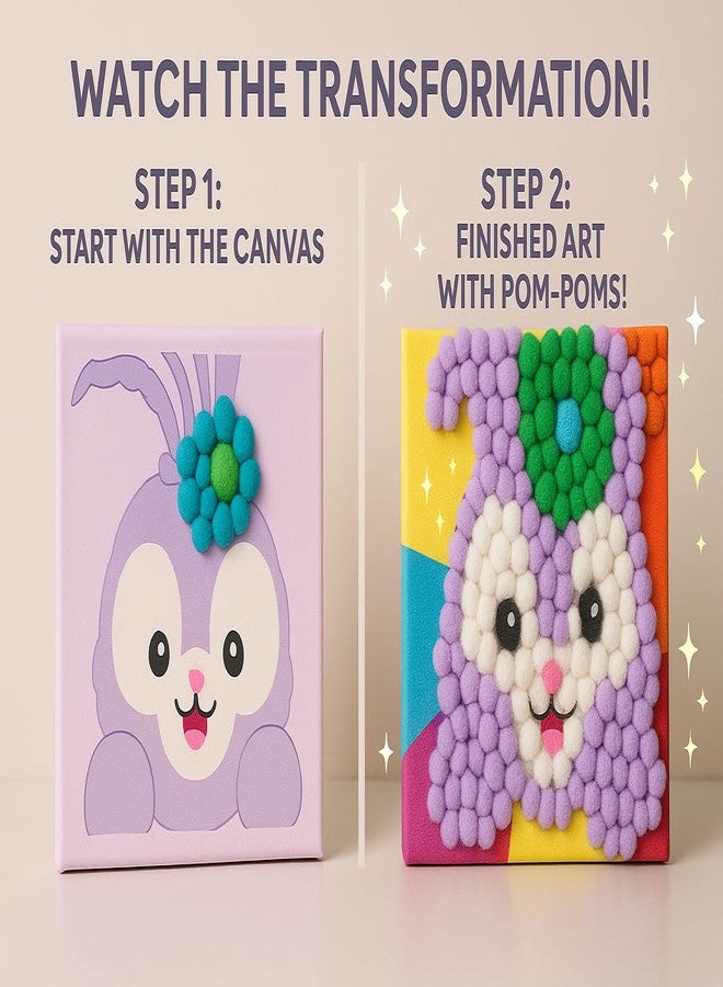 CHEFERYN Purple Bunny DIY Pom-Pom Art Canvas Kit for Kids - 8x8 Inch Cute Bunny Craft Set - Easy Creative Activity for Girls & Boys - Wall Décor for Bedroom or Playroom - Image 4